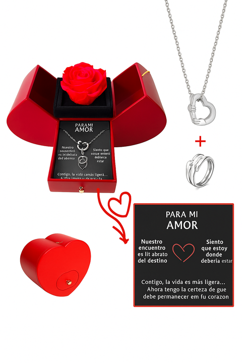 💝 Caja con Rosa & Collar Personalizado + Anillo del Abrazo